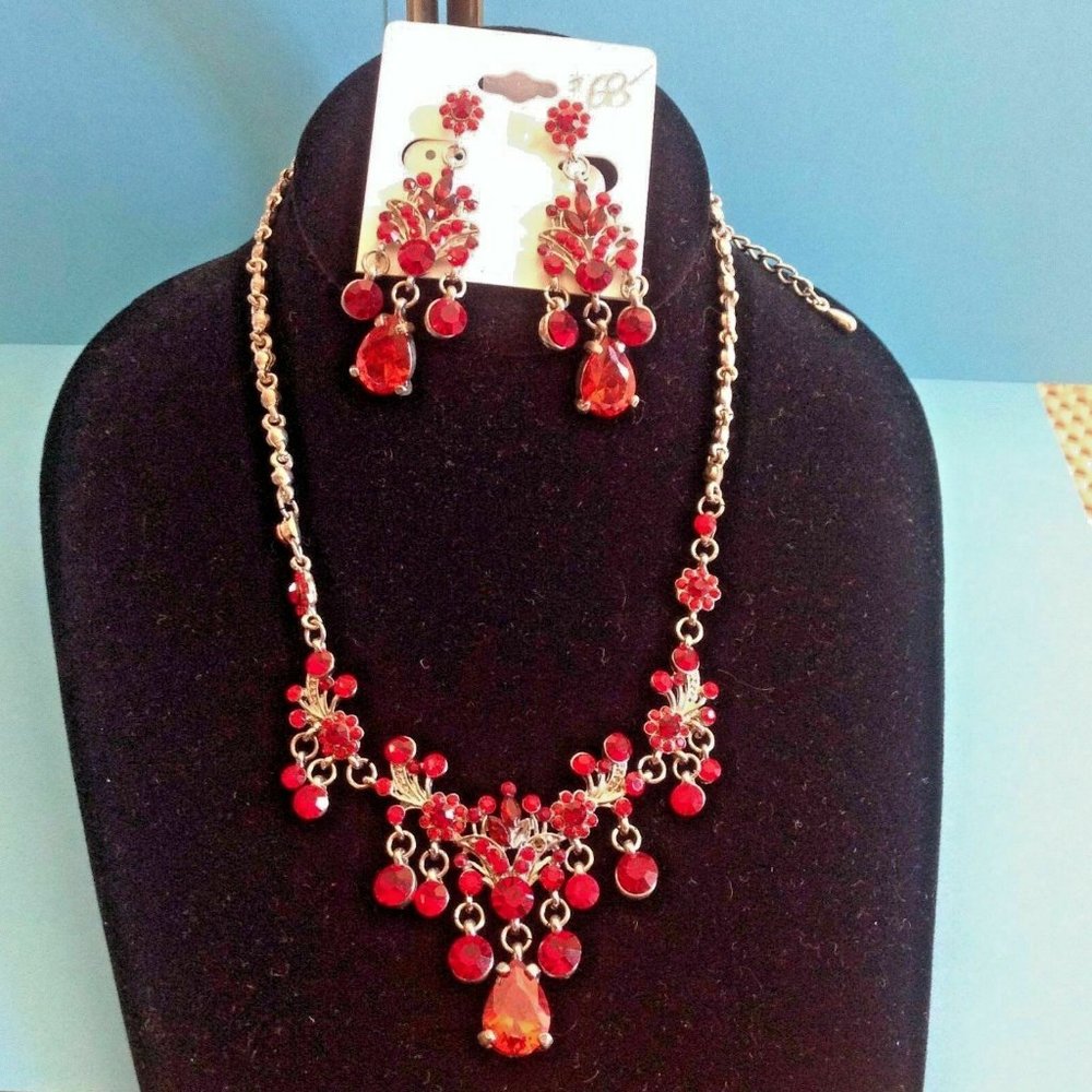 NIB! Custom Made Silver Plated w/Red Rhinestones Necklace & Earrings Jewelry Set